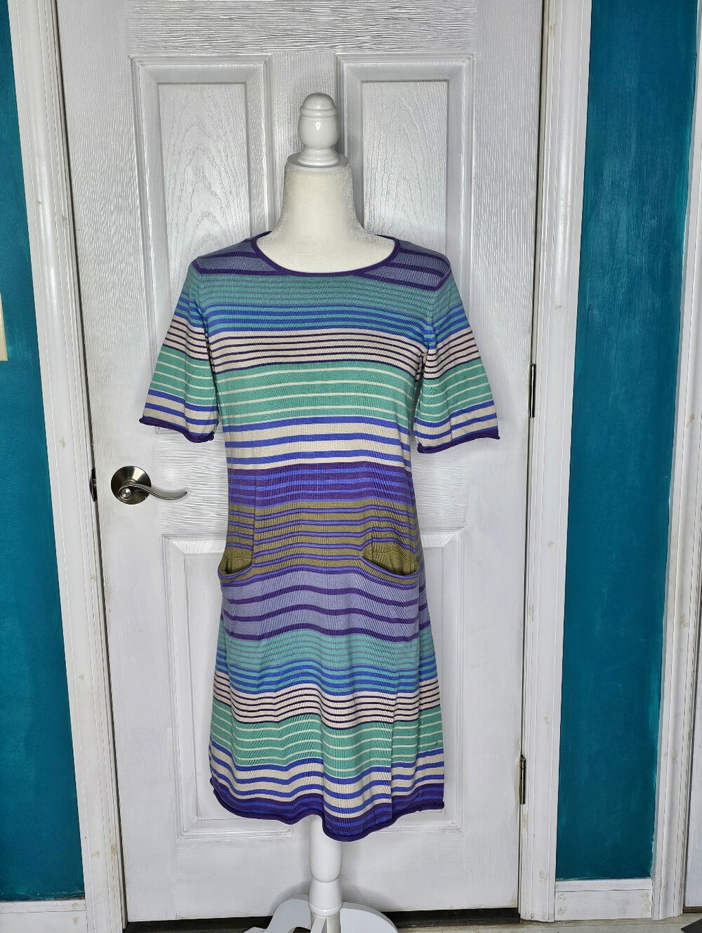 Gudrun Sjoden Striped Short Sleeve Knit Dress in Green & Purple